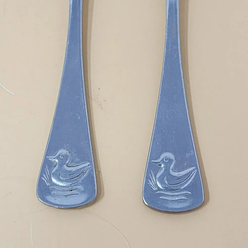 Vintage Selandia  Japan Stainless Steel Childs Fork & Spoon Set With Duck Design